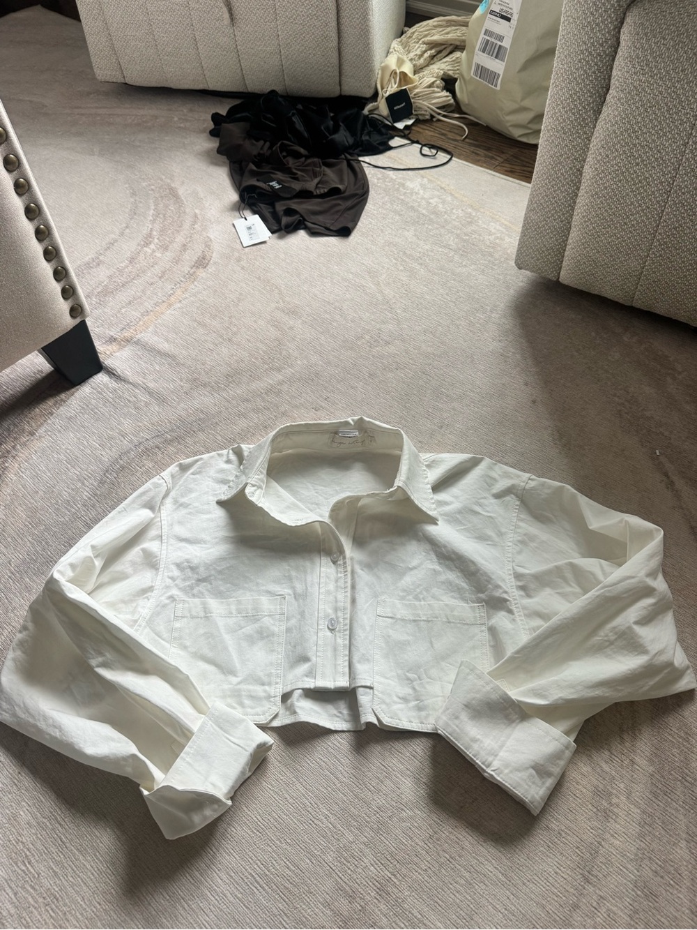 Cropped Button-Front White Shirt Jacket